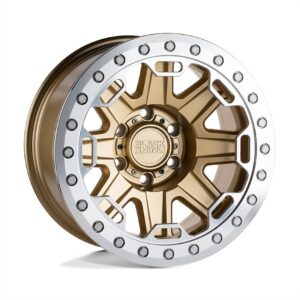Black Rhino Rift Beadlock 17x8.5 Matte Gold wheel with Machined Ring, 5x127 bolt pattern, -38mm offset, 71.5mm center bore.
