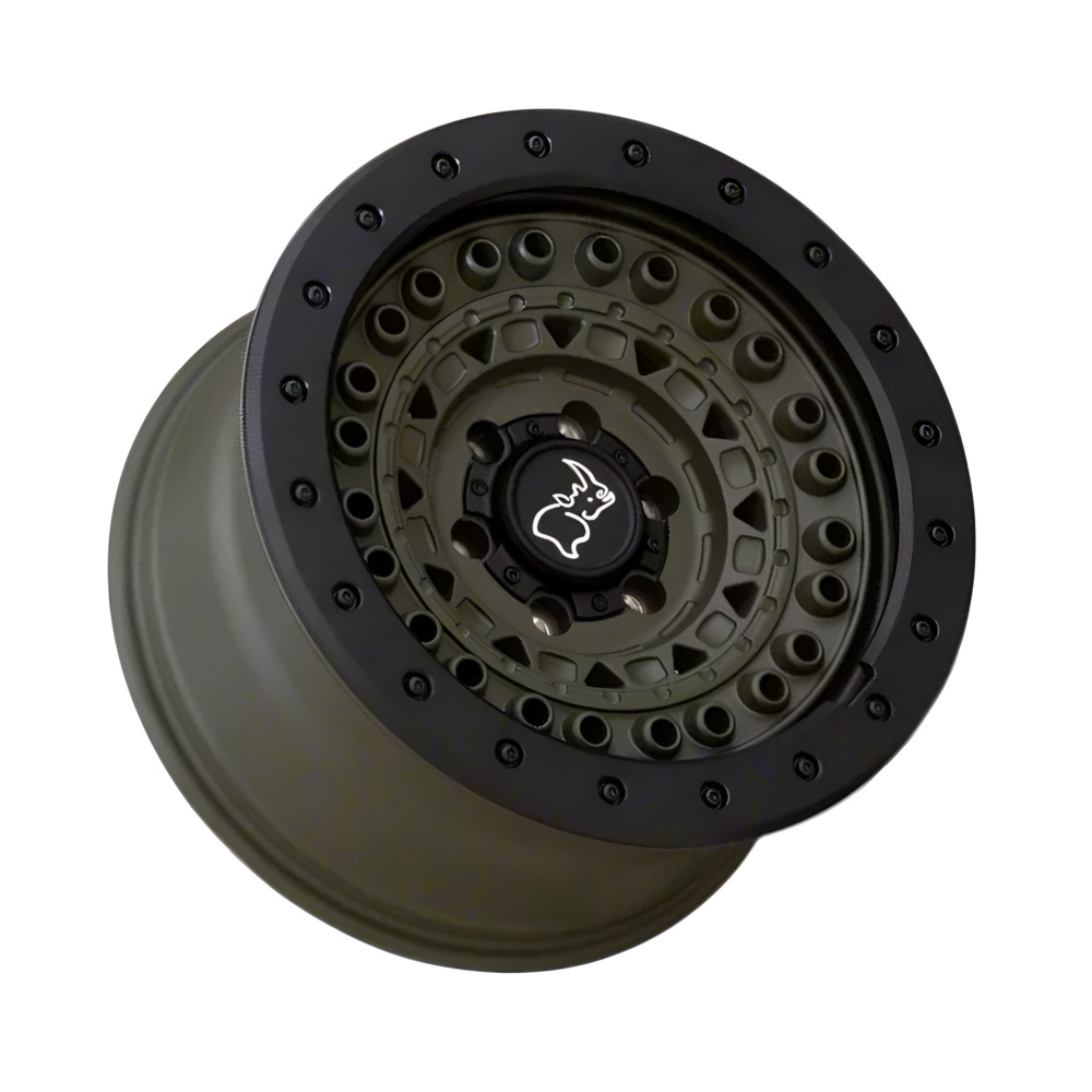 1785BCD (BARRICADE) 17X8.5 6X114.3 ET00 CB76.1 OLIVE DRAB GREEN W/ BLACK ROCK GUARD - Image 3